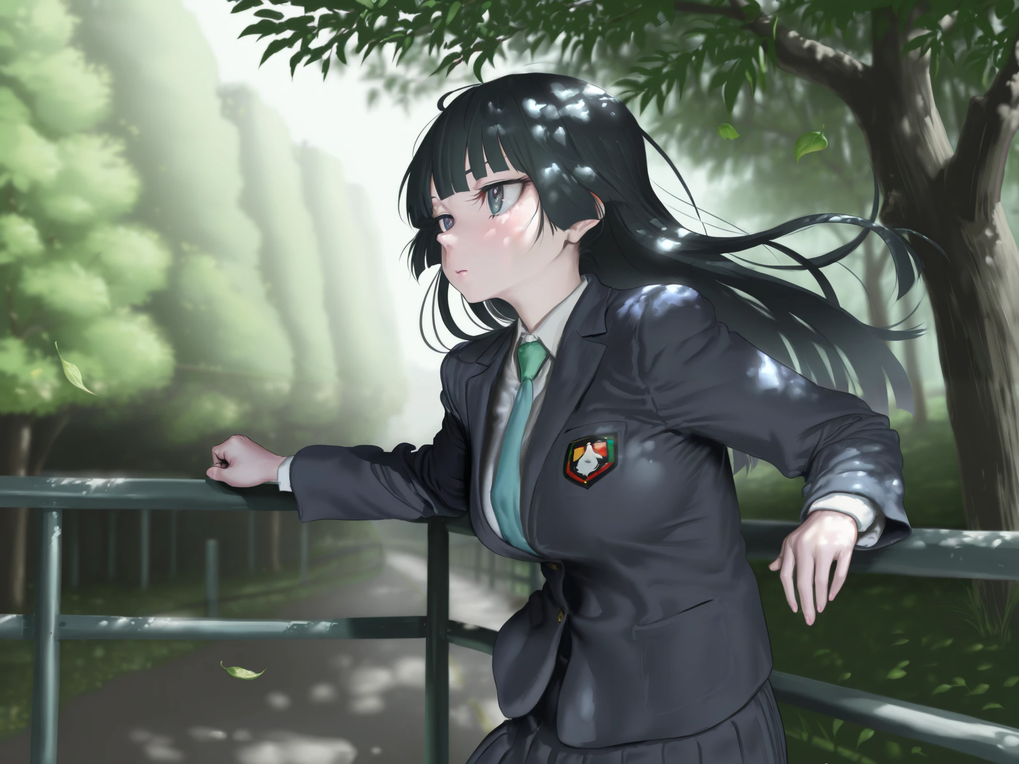 HDR, 8K, high contrast, masterpiece, best quality, amazing quality, very aesthetic, painting artstyle, realistic, newest, hyperdetailed painting, brushstrokes, digital painting, tomiokasena
BREAK
bounce light, hyperdetailed, detailed hair strands, detailed fibers, aesthetic, 8k wallpaper, detailed, masterpiece, best quality, amazing quality, very aesthetic, absurdres, 8K,masterpiece, great colors, color theory, great lighting, great composition, flawless. 1girl, Hime cut, gradient black hair, grey eyes, school outfit, looking to side, leaves in the wind, sharp sunlight, windy, tree shade, railing, Japanese road background. dappled lighting. leaning against railing, hair drooping, amazing, breathtaking art