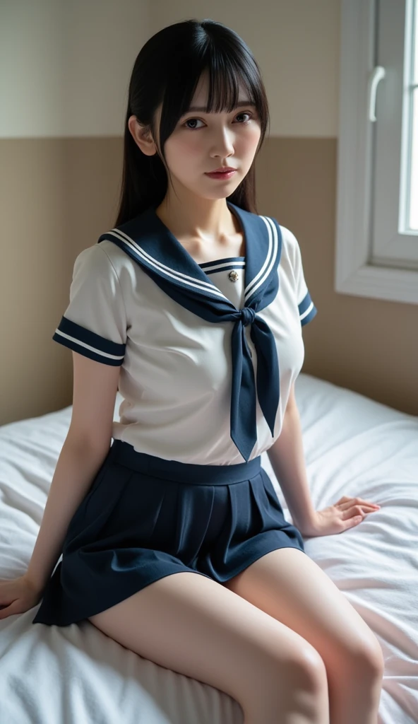 masterpiece, best quality, illustration, Super detailed, fine details, High resolution, 8K,wall paper, perfect dynamic composition,(Details High quality, realistic depiction of eyes:1.3), Black Sailor Uniform, serafuku, Navy pleated skirt, huge breasts, short bob hair, black hair color, Big Natural Color Lip, bold sexy pose, crying a little、 Harajuku style、20 year old girl、cute type、lolita、beautiful legs, hotel room, full body photo、focus on crotch, hposing Gravure Idol