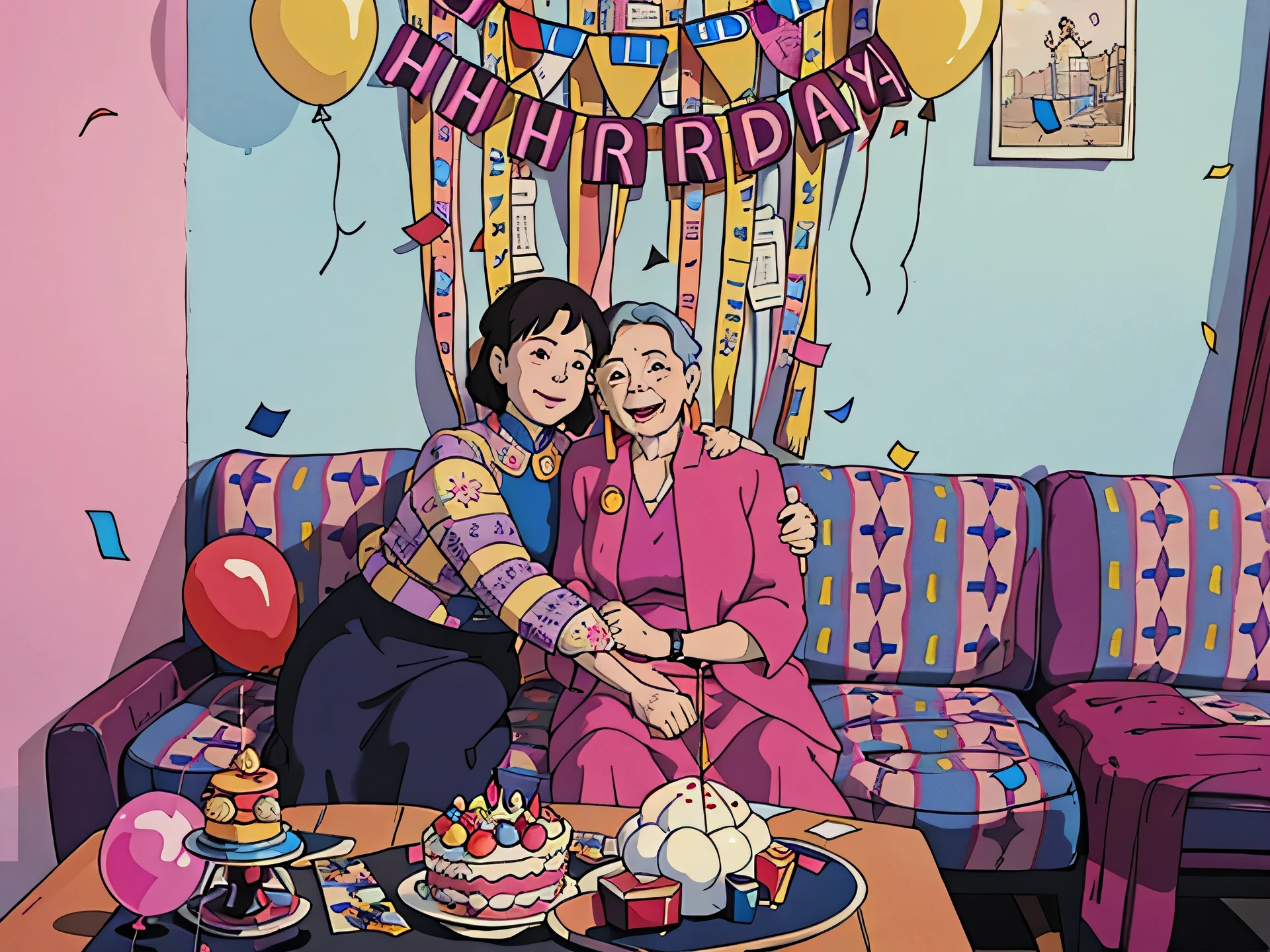 there are two women sitting on a couch with balloons and confetti, happy birthday, celebrating a birthday, profile image, profile pic, exclusive, profile picture, photo taken in 2 0 2 0, 70 years old, 7 0 years old, a still of a happy, birthday, birthday party, taken with sony alpha 9, at a birthday partyghibli style, ((masterpiece)),((best quality)),(detailed),Illustration,8k,colorful, high contrast
