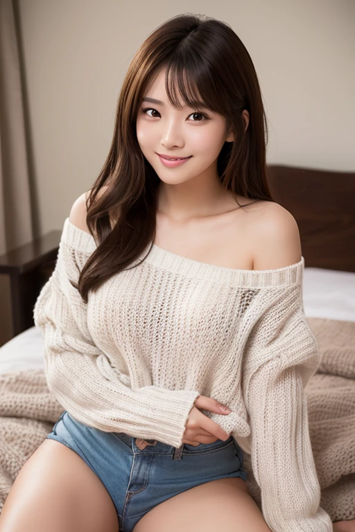 lady, posing to viewer, solo:1, pov, Legs spread, beautiful thighs,
Bedroom background, long hair, 3/4 body, Off-shoulder V neck blouse and mini shorts,