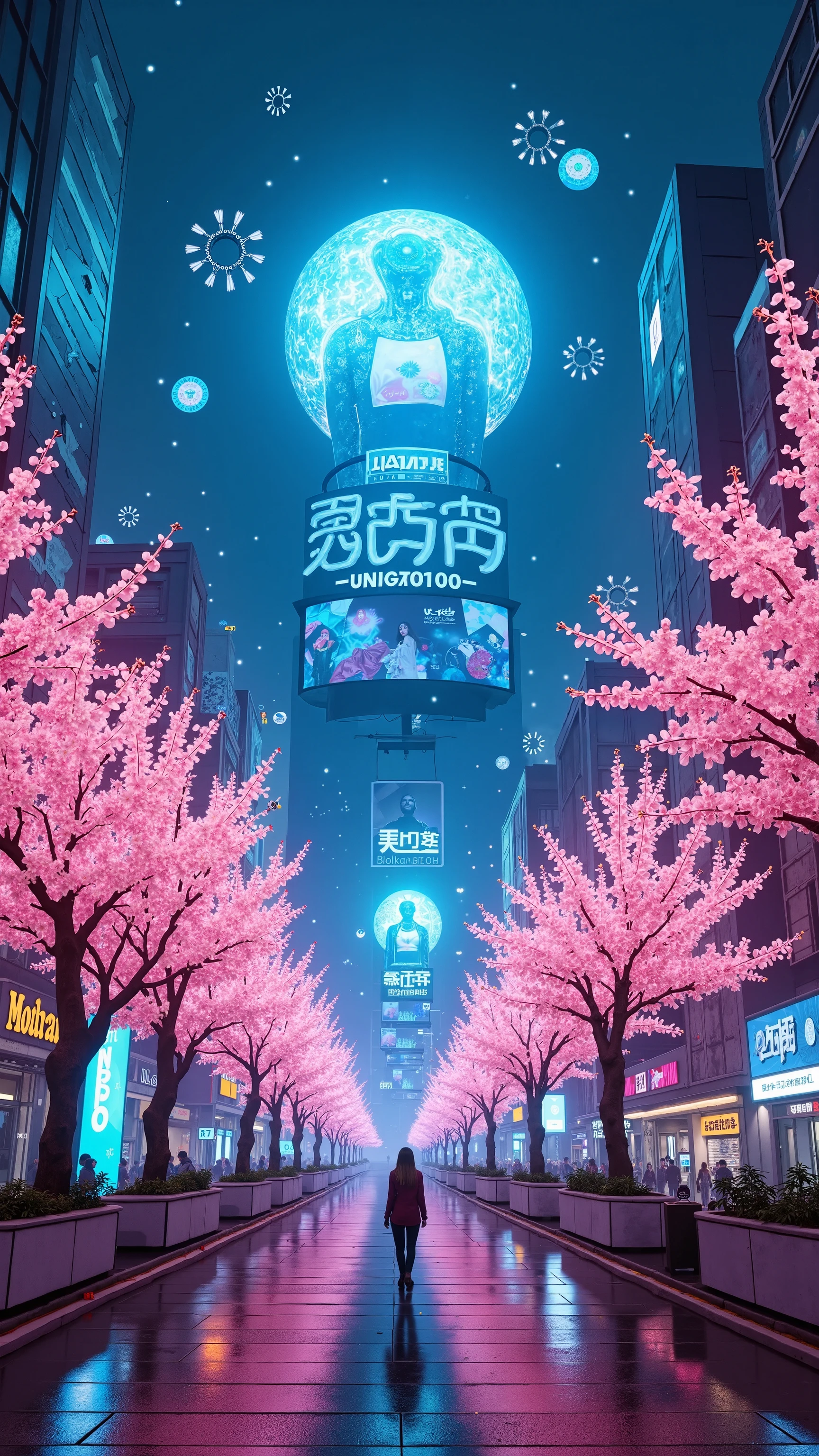 A vibrant cyberpunk metropolis, illuminated by dazzling neon signs and holographic billboards, creating an electrifying futuristic cityscape. The streets are lined with glowing cherry blossom trees, their soft pink petals contrasting beautifully against the intense blue and purple hues of the urban skyline. The atmosphere is an immersive fusion of digital entertainment, futuristic architecture, and pop culture aesthetics.

Massive LED screens and holographic advertisements dominate the scene, displaying colorful, anime-inspired characters in dynamic poses. These floating billboards flicker with bright neon colors, featuring idol performances, virtual influencers, and high-energy promotional content. The visuals shift and animate, creating an overwhelming sensory experience, as if stepping into a futuristic Tokyo-inspired entertainment district.

The city streets are wide and clean, paved with reflective surfaces that mirror the radiant lights above, further enhancing the surreal and dreamlike quality of the scene. The central plaza is surrounded by towering skyscrapers adorned with glowing signage, including digital kanji characters and futuristic typography. Some of the buildings feature circular structures and hovering platforms, adding to the sci-fi aesthetic.

Above, a massive digital dome ceiling emits a soft, bluish glow, enclosing the city in an atmospheric cybernetic canopy. The sky is a deep midnight blue, scattered with artificial stars and floating drones equipped with LED lights, enhancing the high-tech ambiance.

The energy of the city is dynamic and immersive, making it a perfect setting for themes involving futuristic nightlife, digital culture, virtual reality metropolises, and cyber-themed entertainment hubs. Rendered in ultra-detailed 8K resolution, the image captures every intricate detail, from the delicate cherry blossoms to the shimmering reflections on glass buildings and the vivid neon animations of the holographic displays, ensuring a visual