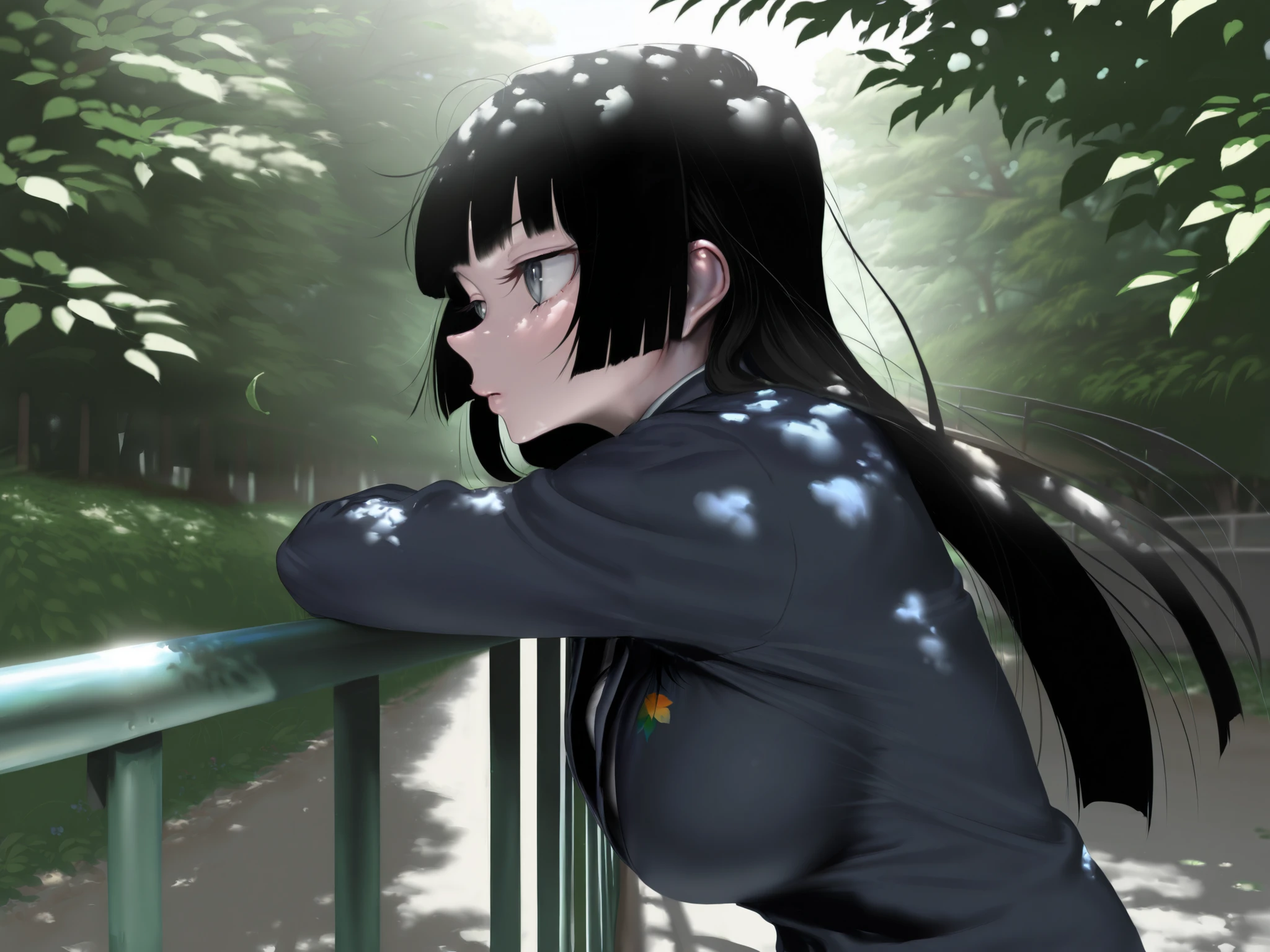 HDR, 8K, high contrast, masterpiece, best quality, amazing quality, very aesthetic, painting artstyle, realistic, newest, hyperdetailed painting, brushstrokes, digital painting, tomiokasena
BREAK
bounce light, hyperdetailed, detailed hair strands, detailed fibers, aesthetic, 8k wallpaper, detailed, masterpiece, best quality, amazing quality, very aesthetic, absurdres, 8K,masterpiece, great colors, color theory, great lighting, great composition, flawless. 1girl, Hime cut, gradient black hair, grey eyes, school outfit, looking to side, leaves in the wind, sharp sunlight, windy, tree shade, railing, Japanese road background. dappled lighting. leaning against railing, hair drooping, amazing, breathtaking art