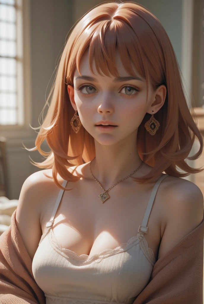 1womanl, Red hair, shorth hair, shy facial expression, short camisole, flower in hair, good backlight, the night, lying on her bed, bangss, aretes