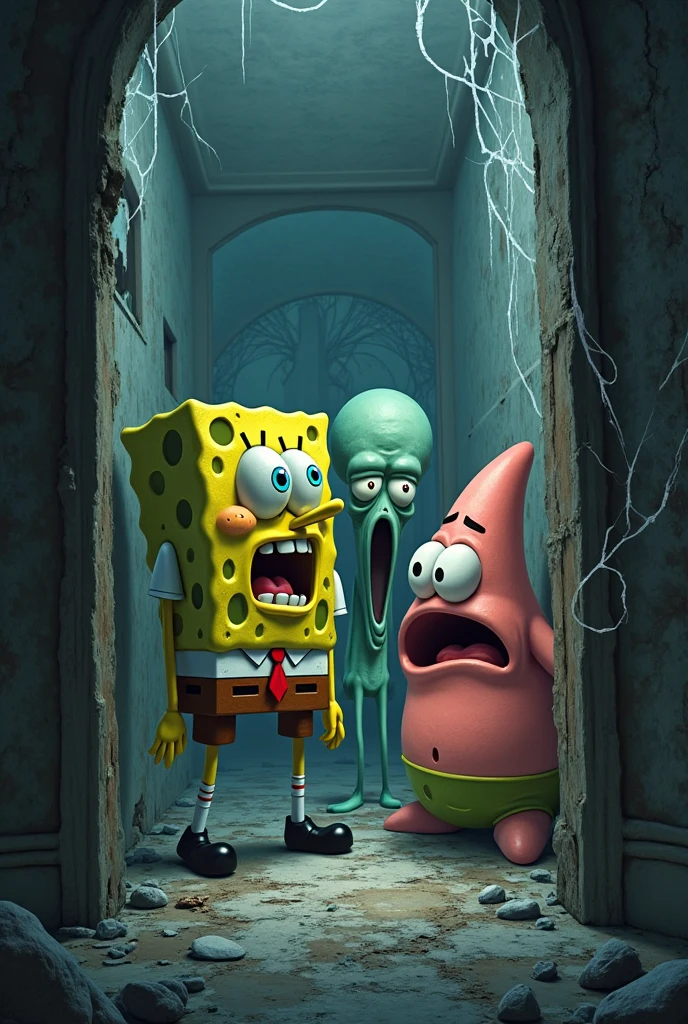 create me spongebob squarepants,patrick star, and squidward in a horror mansion 