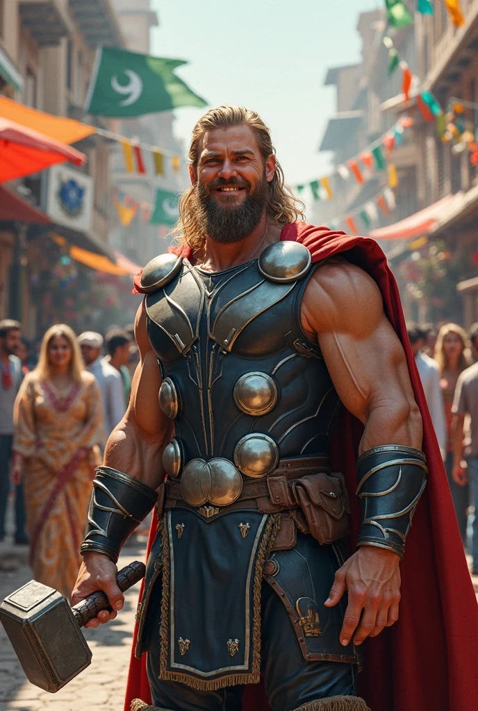superhero Thor in a traditional market, carrying a hammer and a bottle of mineral water, there is a writing "don't be a spreader of hoax news". photography, 16k, ultra realistic