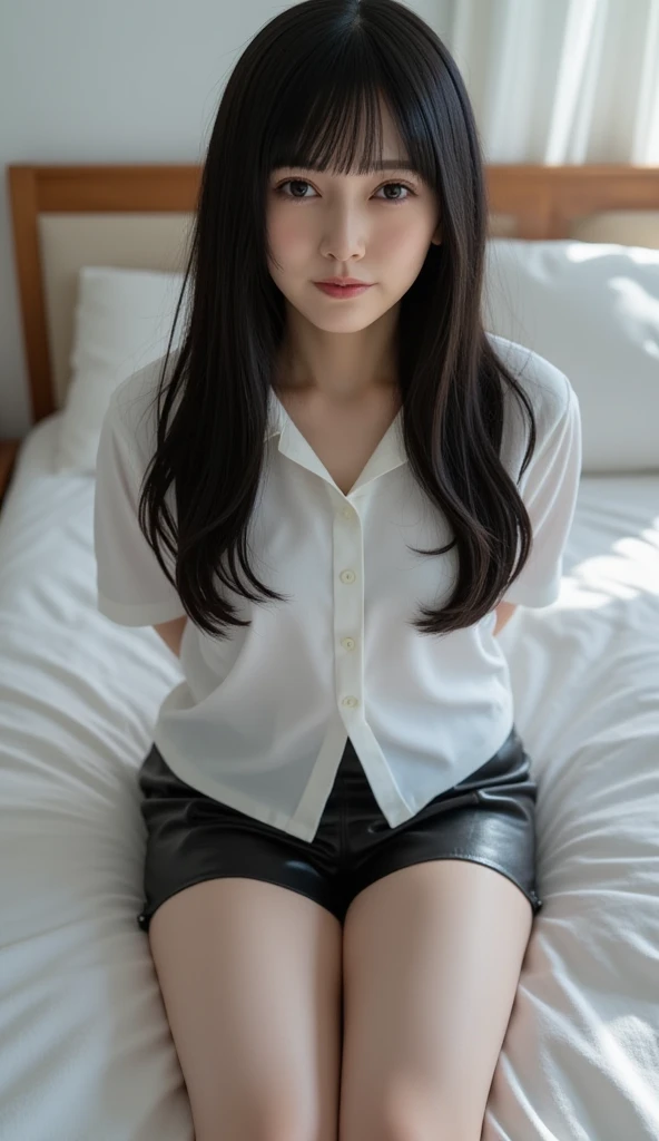 ((top-quality、in 8K、​masterpiece:1.3, Photorealsitic:1.3)), Sitting on a bench, Japan schoolgirl, 1 female, A dark-haired, With bangs, Medium-sized breasts, Japan schoolgirl uniform, ((white ribbed panties, Inter-strands, Thicker thighs, sockes, Open your crotch)), a baby face:1.2, with round face:1.1, Highly detailed facial and skin texture, A detailed eye, Detailed lips、Highly detailed hair depiction, pureerosface, Natural makeup