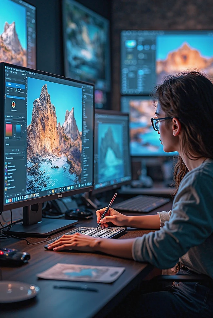 (in focus) girl at computer monitor, pristinely lit hands manipulating ethereal transparent retro computer displays, color graded like the film "Interstellar", warm-glow basement studio vibes, ,<lora:WorldofOilslick:0.55> worldofoilslick, subsurface scattering, ultra hd, 4k, high def, Photorealistic, Hyperrealistic, Hyper detailed, analog style, soft lighting, realistic, heavy shadow, masterpiece, best quality, ultra realistic, 8k, golden ratio, Intricate, High Detail, film photography,