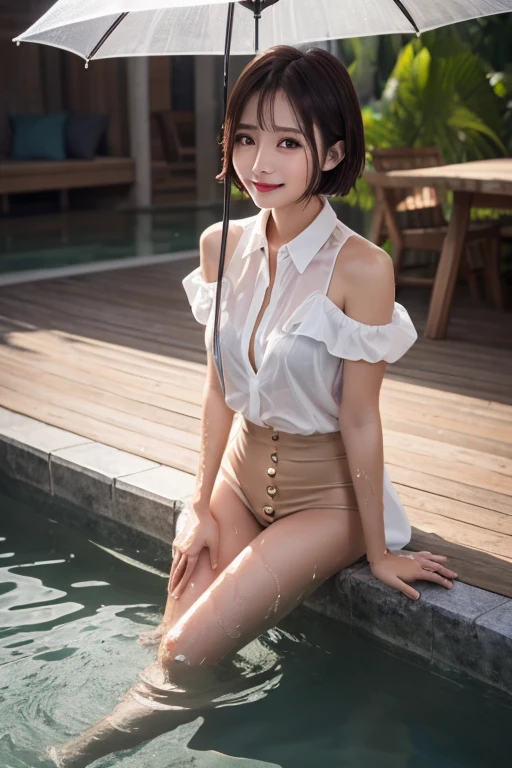 (((neat woman, Bright-eyed excitement ,little smile,blush,please touch me,tempting viewer,i want you))),(sitting down,spread legs apart,arched back,navy panties),((((blush,red cheek,sweat)))),(cinematic lighting), (Photo real:1.4)、(A hyper-realistic:1.4)、(Photorealistic:1.3)、 (gentle lighting: 1.05)、(Improve the lighting quality of your video:0.9)、 32k、25years old woman、photorealistic lighting、Back lighting、Facial Lights、Ray Trace、(bright:1.2)、(Increase quality:1.4)、 (best quality real texture skin)、Fair eyes,delicate face、 Close-up of the face, ((Wearing the tight white high-neck shirt,navy panties,touch her unrboob,high-heel),(Bodyline mood improvement:1.1)、Glossy skin、korean idol、Nogizaka Idol、good figure,perfect anatomy,Beautiful actress,(((beautiful large breasts,underboob,slender waist,slender hip,long slender legs,8heads tall))),(((8heads tall))),(((wavy short hair,curtain bangs))),(((in the night-pool,secret,super clean night view,in the night))),
