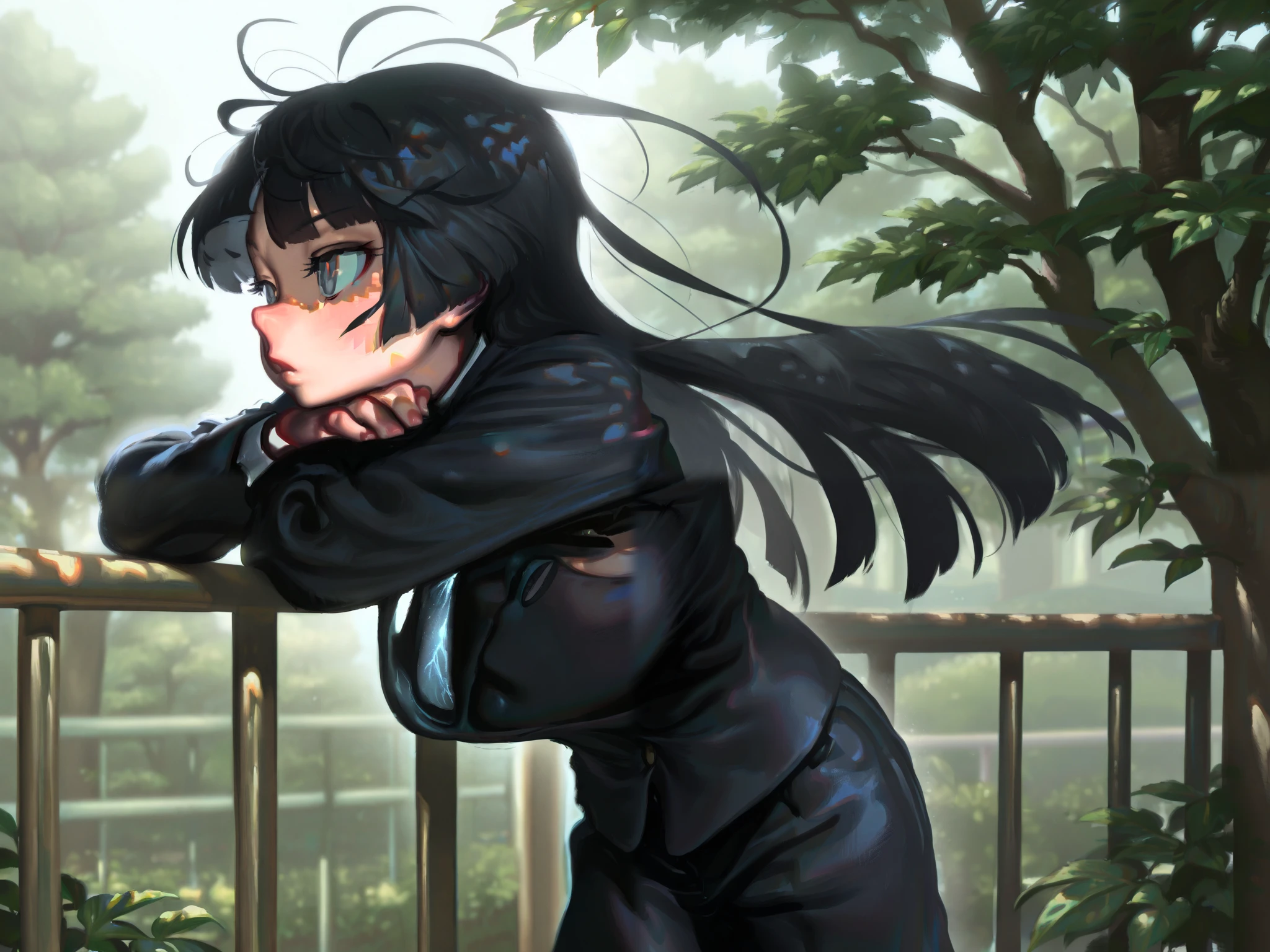 HDR, 8K, high contrast, masterpiece, best quality, amazing quality, very aesthetic, painting artstyle, realistic, newest, hyperdetailed painting, brushstrokes, digital painting, tomiokasena
BREAK
bounce light, hyperdetailed, detailed hair strands, detailed fibers, aesthetic, 8k wallpaper, detailed, masterpiece, best quality, amazing quality, very aesthetic, absurdres, 8K,masterpiece, great colors, color theory, great lighting, great composition, flawless. 1girl, Hime cut, gradient black hair, grey eyes, school outfit, looking to side, leaves in the wind, sharp sunlight, windy, tree shade, railing, Japanese road background. dappled lighting. leaning against railing, hair drooping, amazing, breathtaking art