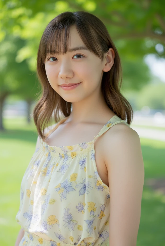 ((8K, RAW photo, highest qualityの, masterpiece), High-resolution RAW color photos Professional close-up photos, (realistic, photorealism: 1.37), (highest quality), (best shadows), (best illustrations), ((cute, beautiful, ultra high resolution, High-definition CG integrated 8K Denden wallpaper, Physically based rendering, movie lighting), analog style, elegant, thank you, UHD 8K, Digital single-lens reflex camera, Fujifilm XT3, vibrant, Frank, A dramatic and realistic sunset, (detailed face, skin texture), film grain, Natural light, looking at camera,(Idol),(1 Japanese girl),(Photo of a girl in Japan ), (medium breasts), (compensate,lipstick,eyeliner,mascara,eye shadow:1.1),Glamour,(perfect face), (cute face), (beautiful face), ((floral dress)), (earrings), ((short bob)), flower garden, beautiful detail eyes, light shines on your face, ((cowboy shot: 1.2)), particularly strong light, (upper grade, grinning smile:1.2),shiny skin, Ulchan-6500-v1.1:0.2, shy, (flash:1.2), (turn your arms behind your back:1.2), ((excellent anatomy: 1.2)), ((An flower garden that is bright , background is blurry: 1.2)),seaweed