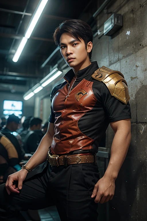 ((Best Quality, 8K, ultra-detailed, Masterpiece: 1.3)), 1boy, shiny skin, sharp, Perfect Body Beauty, realistic shaded perfect body, (cute baby face:1.1),("bodysuit, techwear,big bulge ":1.2),("leggins , armor":1.1),("glove, armor":1.1 ),(techwear)(dynamic pose:1.1), thigh , battle field , (bulge focus:1.2) ,squatting, huge fat buttock , torn bodysuit , broken bodysuit
