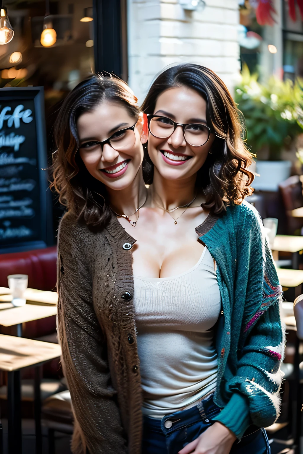 2heads,Mature, woman, wearing a cotton sweather, high detail eyes, detailed eyes, dark green eyes, kanon, high graphics, extra bodyparts, extra limbs, solo, duplicate head place left of original, pale skin, , shiny hair, asymmetrical body, wearing a cotton sweather, high detail skin, detailed face, soft lighting, background café, smile, freckled skin, twins, european, many freckles , freckles on chest, freckles on face, big eyes, ginger, simulate one body two headed, wearing glasses reading a book, cup of tea in left hand, book in right hand