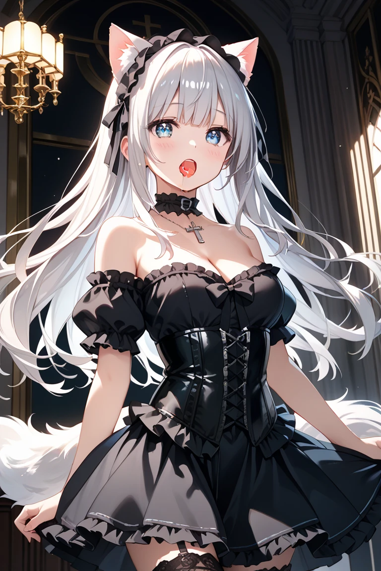 (masterpiece, best quality1.2),illustration,8k,hd,1girls,solo,hand up,(portrait:1.2),long_hair,large_breasts,red_eyes,very_long_hair,bangs,twintails,ribbon,grey_hair,cleavage,hair_ribbon,two-tone_ribbon,between_breasts,black_dress,dress,frills,bare_shoulders,frilled_dress,long_sleeves,two-tone_dress,jewelry,earrings,