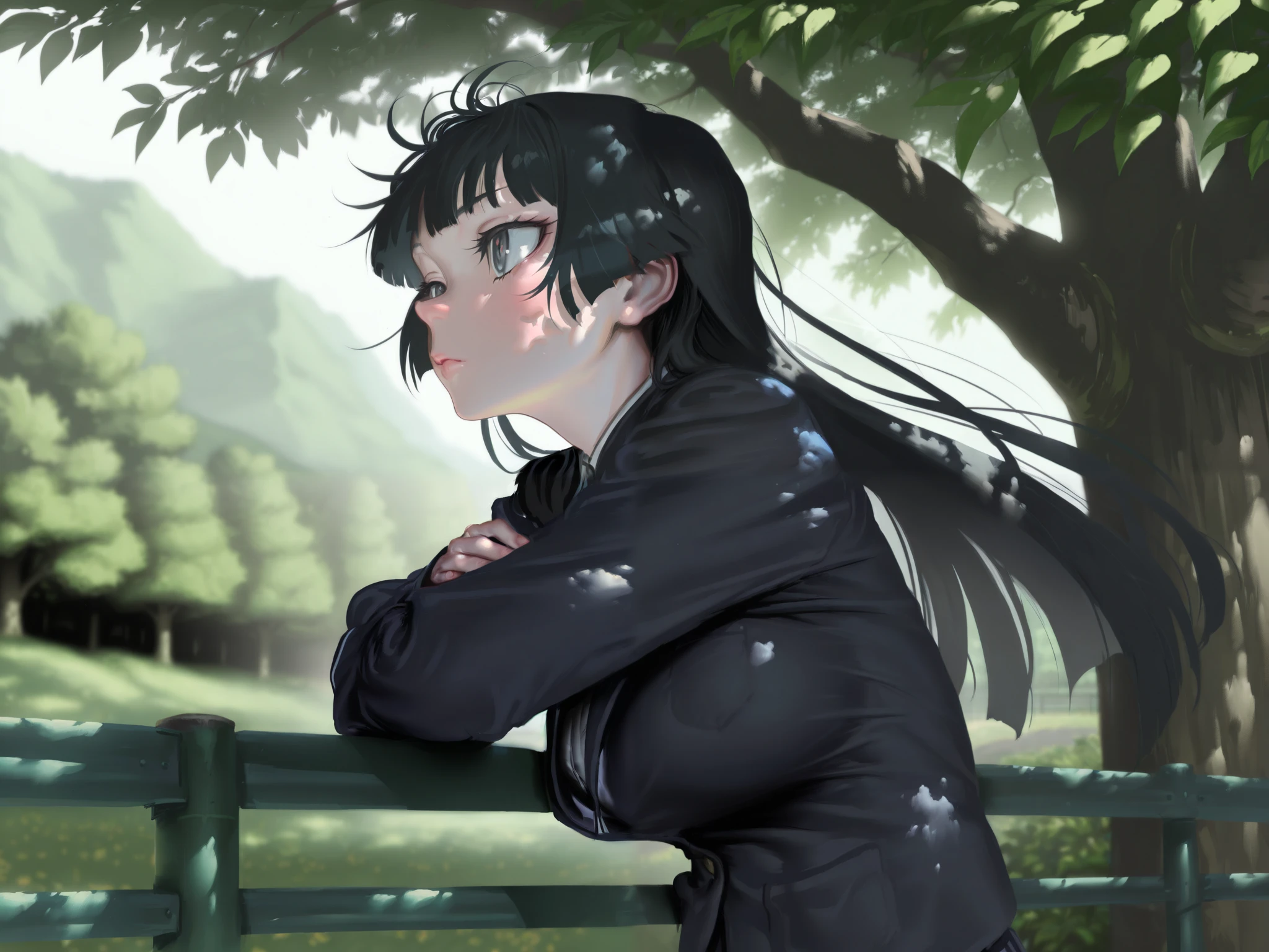 HDR, 8K, high contrast, masterpiece, best quality, amazing quality, very aesthetic, painting artstyle, realistic, newest, hyperdetailed painting, brushstrokes, digital painting, tomiokasena
BREAK
bounce light, hyperdetailed, detailed hair strands, detailed fibers, aesthetic, 8k wallpaper, detailed, masterpiece, best quality, amazing quality, very aesthetic, absurdres, 8K,masterpiece, great colors, color theory, great lighting, great composition, flawless. 1girl, Hime cut, gradient black hair, grey eyes, school outfit, looking to side, leaves in the wind, sharp sunlight, windy, tree shade, railing, Japanese road background. dappled lighting. leaning against railing, hair drooping, amazing, breathtaking art
