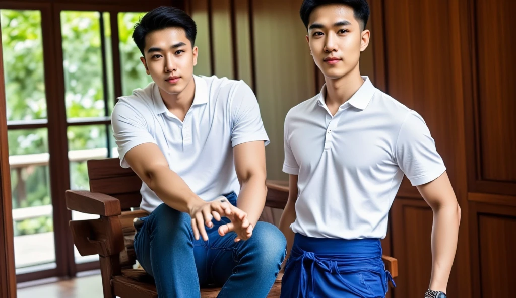 young man ,Thai person, ,handsome, Wear tiger print underwear  , tall and thin , stand and watch everything.. , There is a waterfall.., There are trees.. 