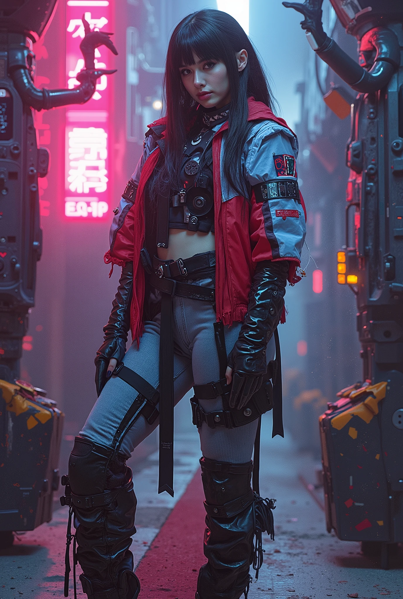 A stunning tall woman, (posing like a fashion model:1.5), (She is an anti-hero wearing intricated desighned vivid red and light blue and dark gray uniform:1.7), neon colored mechanical biomorphism, horror art, intricate details, maximalist perfect illustration, digital painting art, quantum world, place of fear, surreal,dark, ominous,nightmarish, twisted, unsettling, unnerving, otherworldly, abstract, geometric, futuristic, cyberpunk, chiaroscuro, dramatic lighting, moody atmosphere, rich colors, deep shadows, glowing elements, unsettling anomalies(best quality,4k,8k,highres,masterpiece:1.2), ultra-detailed,(realistic,photorealistic,photo-realistic:1.37), from below