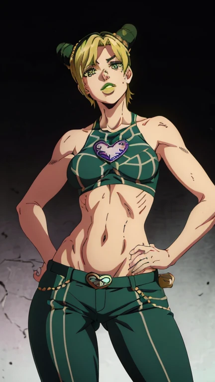 1girl, solo, jolyne, green eyes, lips, looking at viewer, halterneck, crop top, pants, hands on hips, contrapposto, background, cowboy shot, short hair