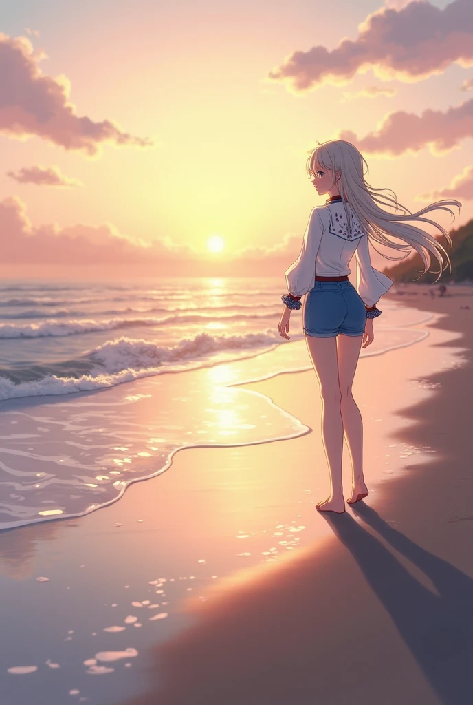 At dusk、Bikini Swimwear。Cute girl watching the sunset on the beach。Her hair is blonde。Hair length is semi-long。Madhouse-like colors。A touch like Makoto Shinkai。
