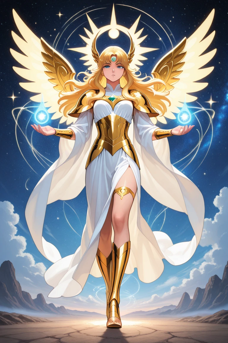 Obra maestra, (La mejor calidad:1.2), [:Detalles intrincados:0.2], 1girl, senos grandes, angel, angel wings, Volantes blancos, (cielo diurno), Aura brillante, intense concentration, crackling energy, mysterious symbols, motas brillantes,