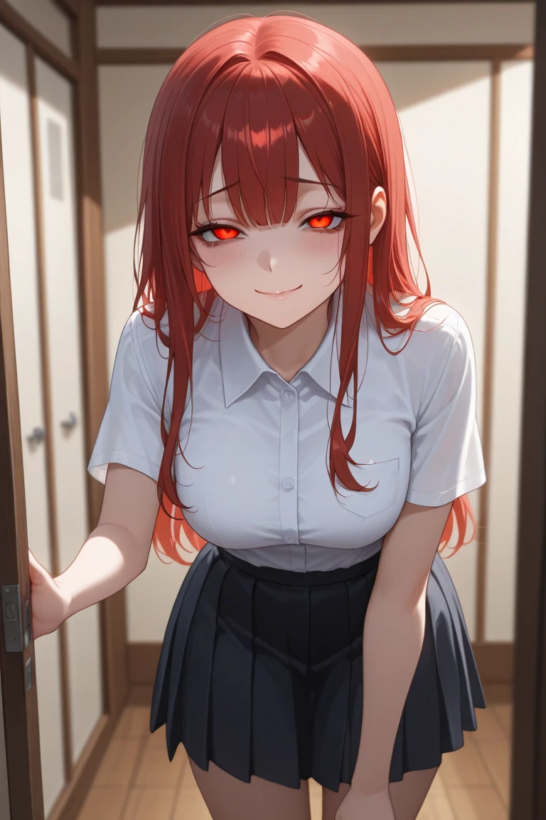 makima, red hair, long hair, ringed eyes, yellow eyes, braid, white collared shirt, black necktie, black pants, 1girl, solo, alone, 1girl, solo, alone, <lora:pervert_face_and_pose_illustriousXL-000009:0.6>, claw pose, mouth drool, blush,masterpiece, highres