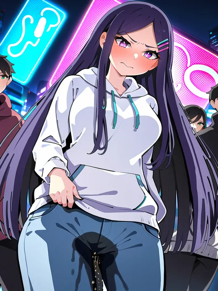 (masterpiece:1.37), best quality, (extremely detailed:1.37), woman, mature, adult, large breasts, very long hair, (straight hair:1.5), dark purple hair, purple eyes, (extremely detailed eyes:1.37), hoodie, jeans, desperation, (wetting: self 4.0), standing, embarrassed, humiliation, blushing, angry, city, futuristic, neon lighting, high-tech, street