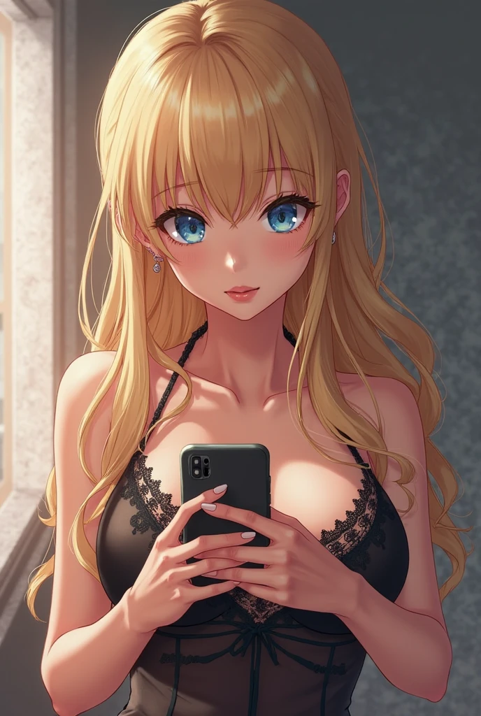 Oman with matching tank top and panties, Sexy girl with blue eyes, Portrait of Sophie Mudd, Portrait of Corinne Kopf, blonde hair and big eyes, selfie of a young woman, ohne makeup, Natural makeup, Look straight into the camera, Face with Artgram, subtle makeup, Stunning full length photo, in the bedroom, big breasts, blonde, Latin