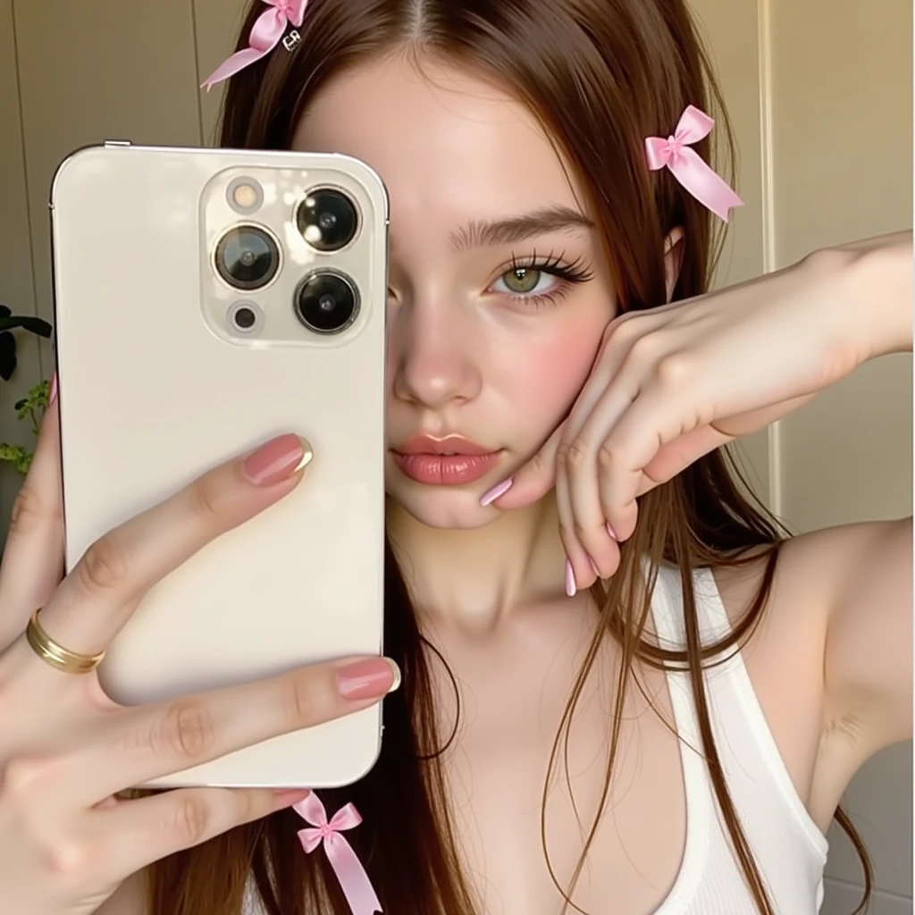 arafed woman tirando uma selfie in a bathroom mirror, no estilo de Petra Collins, Ellie Bamber, selfie, Ellie Bamber fairy, Sidney Sweeney, petra collins, selfie de uma jovem, eva elfo, pia sadie, selfie no espelho, posando em um quarto, Jodie Bateman, Elle Fanning), 🤬 🤮 💕 🎀, tirando uma selfie, Elle Fanning