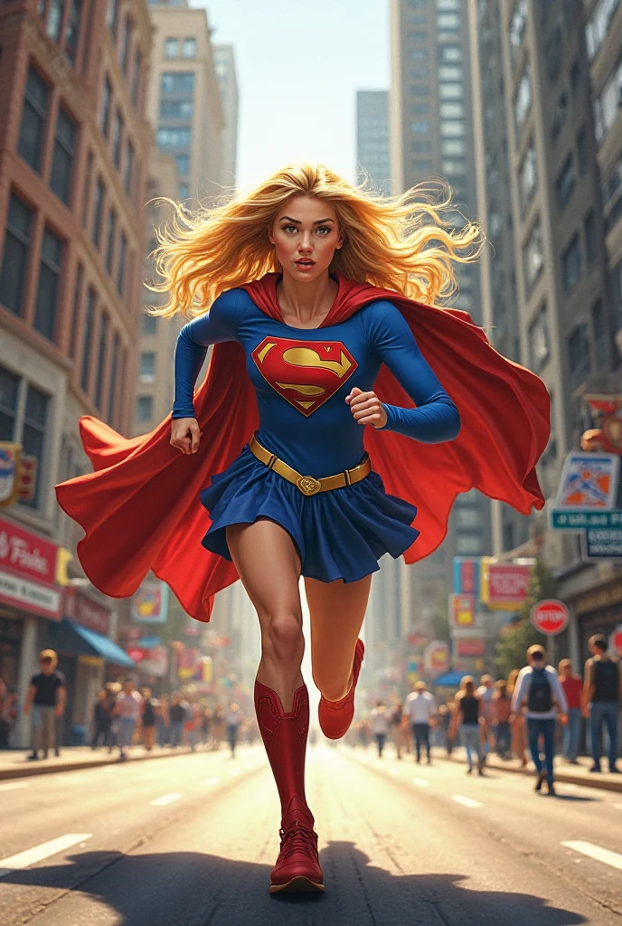 INSANELY SEXY, RIPPED MUSCULAR CHEST SUPERGIRL WEARING THE ORIGNAL GOLDEN AGE SUPERGIRL COSTUME FROM 1950. TRYING TO USE HER SUPER STRENGTH TO STOP A RUNAWAY TRAIN.