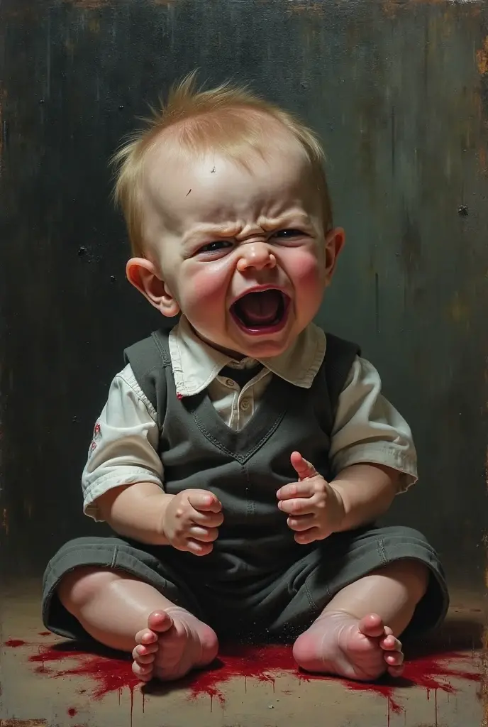 Realistic drawing of a baby, blond hair, green eyes, crying, with his pants full of urine, in his dark house at night