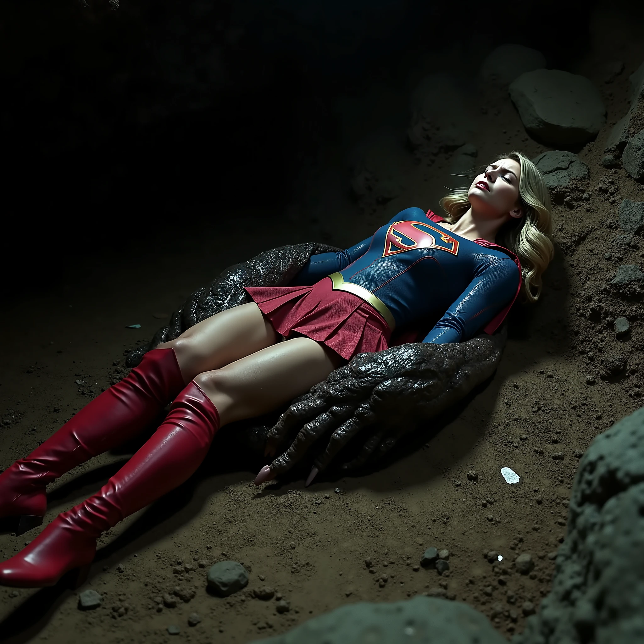 Supergirl is lying flat on the dirt, very bright white skin, her legs are wrapped around a monster body, can see whole body, She is wearing a thin black pantyhose, very short red skirt, flipped up skirt, red knee height long boots, blonde hair, unconsciousness, eyes close, painful face, A fierce monster is crawling over Supergirl body and between her legs, photorealistic, hyperrealism, night time, underground cave,