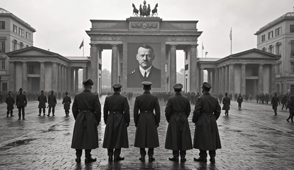 arafed photograph of a large group of people in military uniforms, ww2 historical photo, ww2 historical photography, ww 2 historical photography, nazism, ww2 photo, germany, by Hans Schwarz, by Otto Stark, by Werner Gutzeit, by Kurt Seligmann, in front of a large crowd, futuristic german city, propaganda