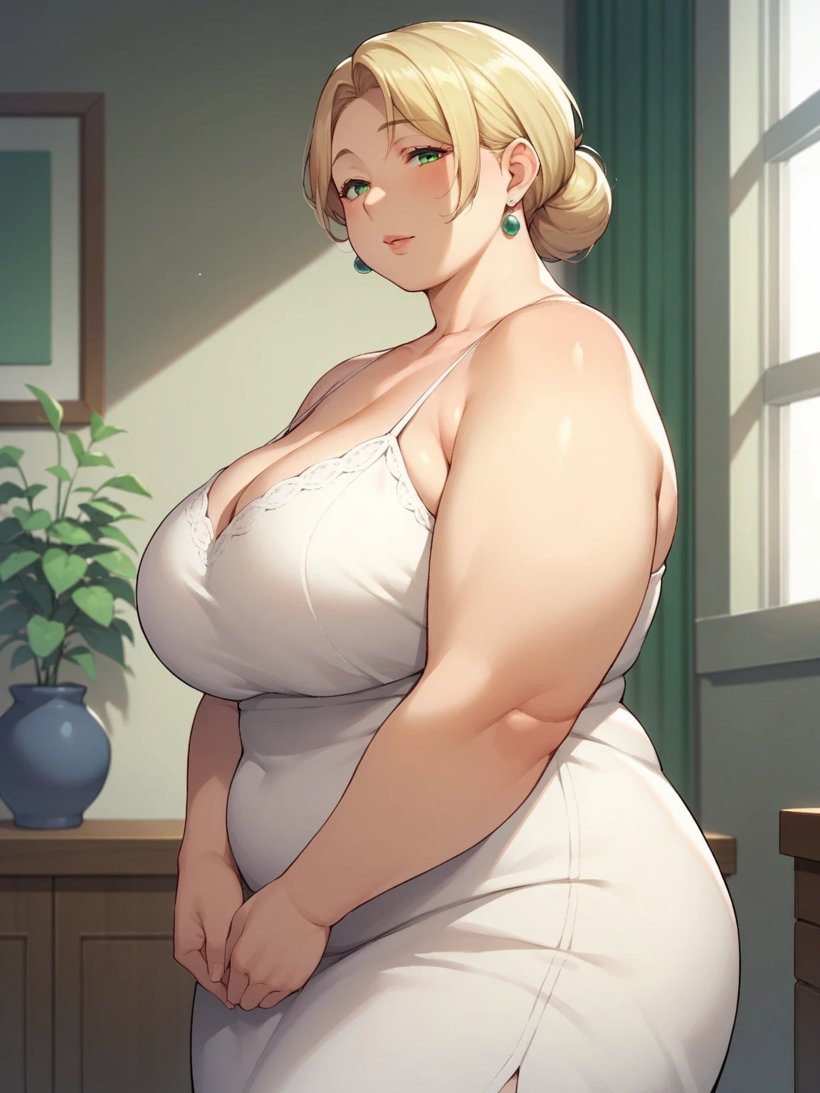 Score_9, score_8_up, score_7_up, source_anime, 1girl, solo, bbw, indoors, pale, mature female, milf, pussy, dress, wearing dress, green eyes, blonde hair