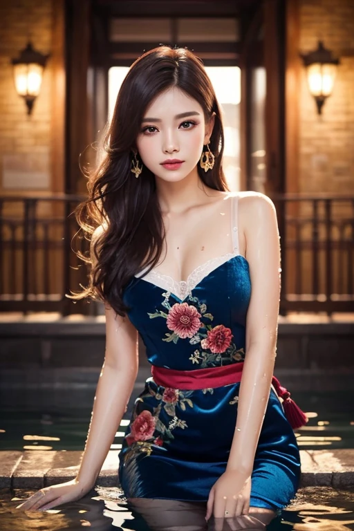 8K, UHD, masterpiece, 1 girl, good face, very long hair, detailed eyes, detailed lips, light makeup, small breasts, ((ornament dress)), orange dress, ((strap lace)), stocking, in the cloud, cloudy sky, flowers, water, heaven, flying birds, dim lighting, realistic shadow, bloom, ray tracing,
