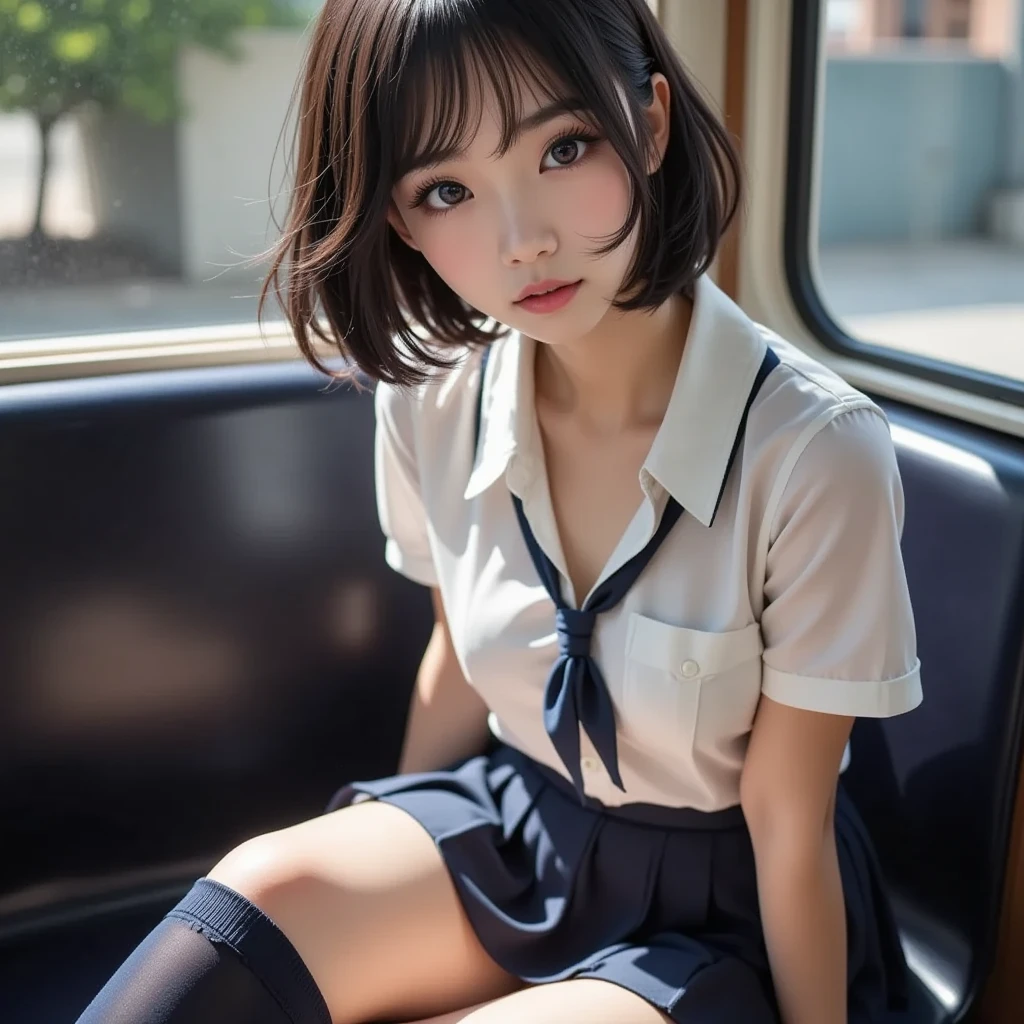 Japanese Girls、18歳の女の子、ple short hair、Blond Hair、bangs、BROWN EYES、Perfect figure、Sense of transparency、luster、gloss、modest chest、School Uniforms、Navy blue ribbon、Light blue shirt、Navy blue skirt、Guangyue、Burning body、hposing Gravure Idol、On the train、Beautiful feet、Strong sunlight、Nasty、Rain-drenched body、wet