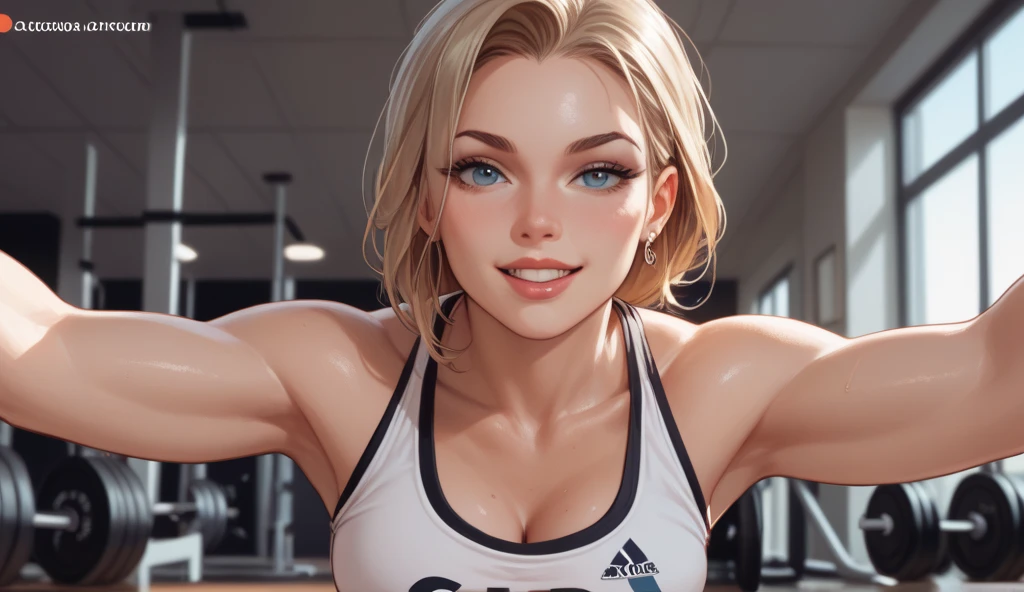 (((ultra realistic))), photo, masterpiece, best quality, trending on artstation, (wavy blonde hair), detailed eyes,  (large breasts:1.1), (special attention to skin:1.3), (detailed skin and pores:1.2), (wearing tight grey hoodie:1.1), (black yoga leggings:1.1), slim waist, portrait, fashion photography, exercise pose,bokeh, depth of field, ultra detailed, busy gym background, (gym goers:1.2), sunset, golden hour, amber light, (light and shadow contrasts:1.2)