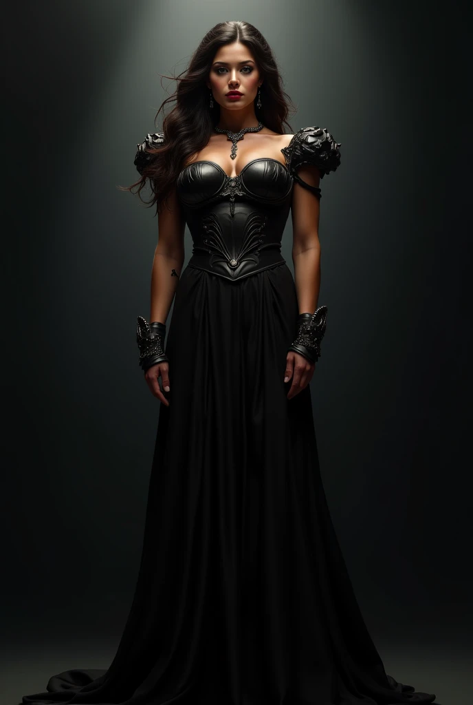 4K realistic, ultra-detailed photography of an athletic, demonic woman, demonic woman in a maxi leather dress, Hairstyle is a crazy braided hairstyle, demonic woman in a threatening moving standing model pose, The photo background is a wall of smoke, from which black roses come out, The mood of the photography is dark, large number of fiery tattoos, Woman stands aggressively, frontally to the camera and looking into the camera.