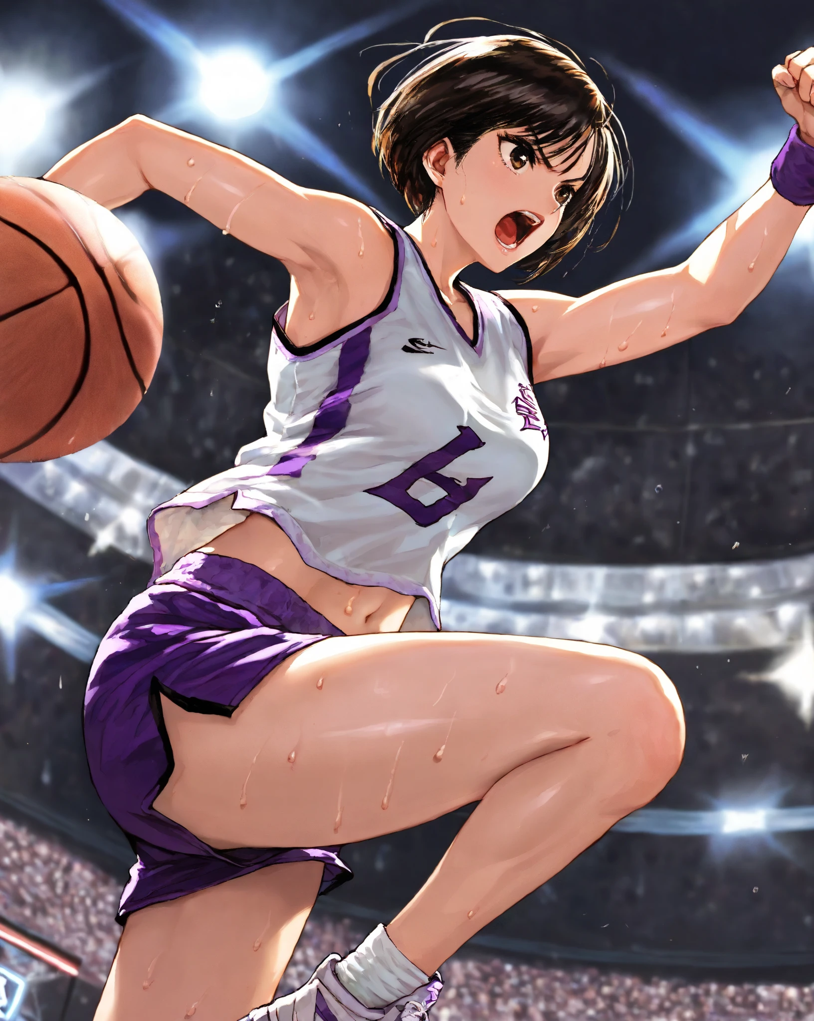 hyuuga hanabi, long hair tied low, hair band, hana purple eyes, ponytail, beautiful, beautiful woman, perfect body, perfect breasts, wearing a basketball jersey, on the basketball court, holding a basketball, basketball hoop, looking at the audience, little smile, realism, masterpiece, textured skin, super detail, high detail, high quality, best quality, 1080p, 16k