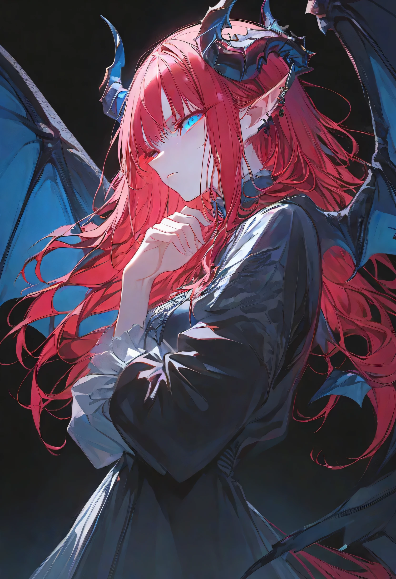 solo,dungeon Girl,midnight,Negative,red hair,Blue pupil,long hair, black background,black dragon wings, pointy ears,black dragon tails,black horn,