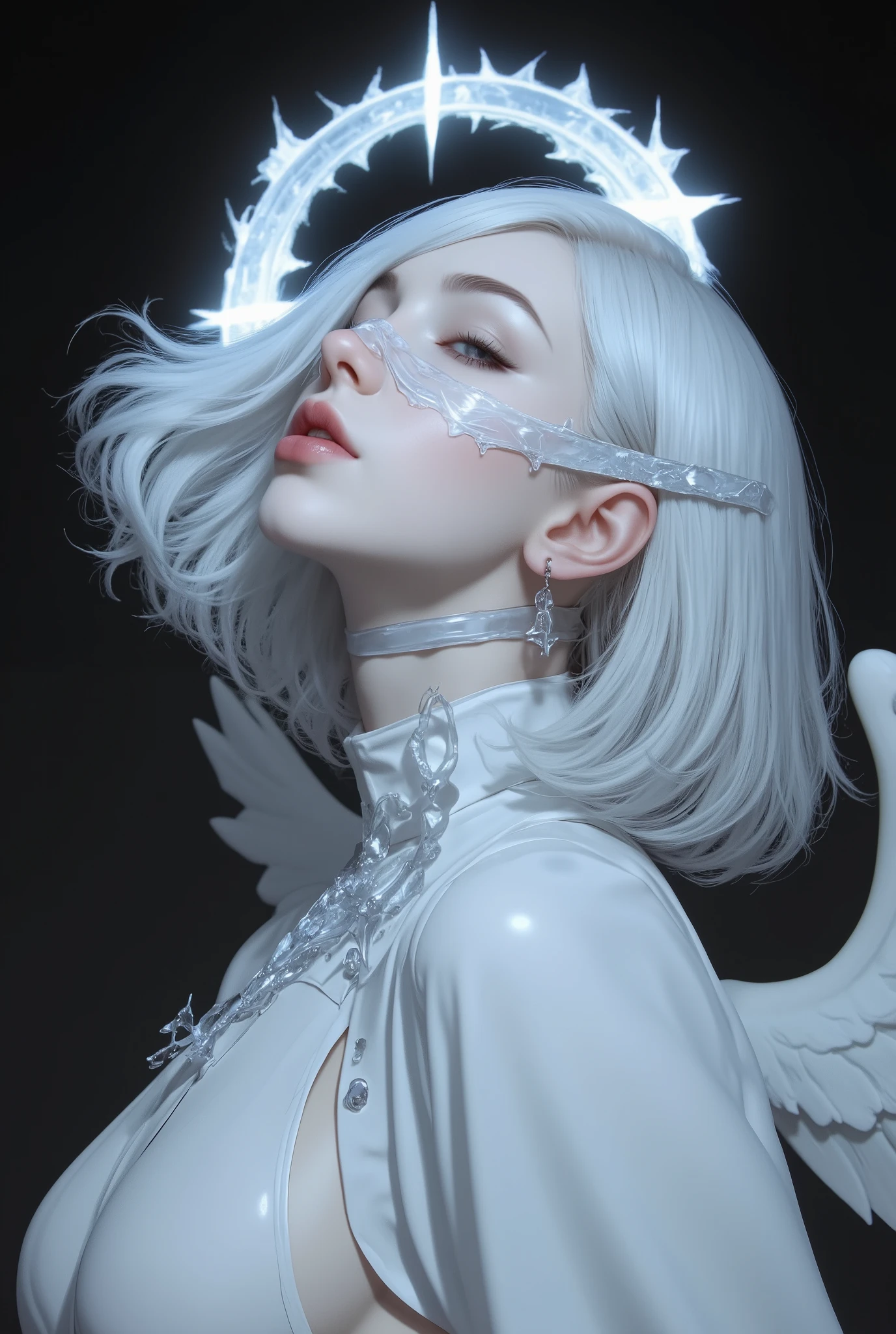 A portrait of a silvery-white angel with a “fantastical, surreal atmosphere. The woman has short-cut, pure white hair, and the upper half of her face is covered with a mask resembling an ice crystal. Behind her floats a flaming halo (Holy Ring), giving off a mysterious glow. Her skin is smooth and translucent white, and her lips are faintly open. Her neck and shoulders are decorated with transparent ornaments that appear to be made of ice or crystal, giving her a cold yet divine look. The costume is made of silky white cloth and has a soft, flowing silhouette. The woman's white and silver hues stand out against the dark background, creating a solemn and mysterious atmosphere. The art style is precise and fantastical, blending elements of fantasy and cyberpunk.”
Translated with DeepL.com (free version)