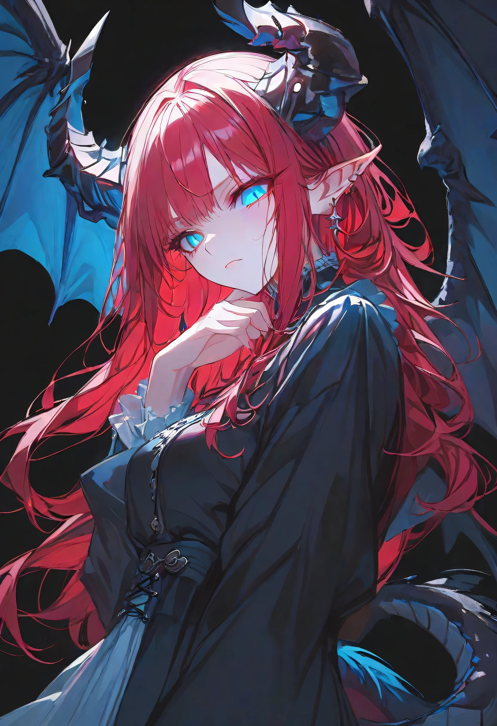 solo,dungeon Girl,midnight,Negative,red hair,Blue pupil,long hair, black background,black dragon wings, pointy ears,black dragon tails,black horn,