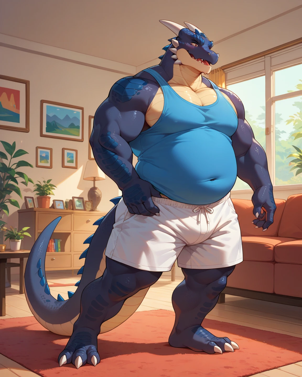 A blue muscular dragon standing in front of a dresser, flexing his muscles and showing off his bulge, wearing only black underwear. The dragon is sweating and has a determined expression on his face. The image is drawn in an anime style, with bright colors and thick outlines. He is in a school bedroom sitting on his bed with a sexy pose and admire his big and huge muscle and his big gut. Thick tongue、mouth wide open、lots of drool、thick and long tail、thick twisted corners