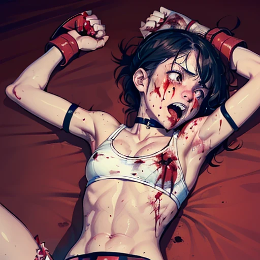 a bloody beautiful young Japanese female fighter is beated down in the fighting ring. Blood is dripping from her nose. She is covered in scars and bruises. she is lying down. she is damaged terribry. she was defeated. she lost the fight. she was knocked out. Short-cut black hair, out of breath, drooling from mouth, crying, exhausted, drenched in sweat. Muscularity. Six-pack abs. Erect nipples. sports-bra, bikini panty, open finger glove.