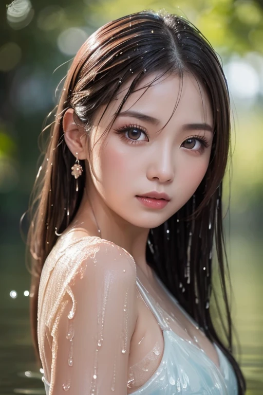 (Highest quality, 4K, masterpiece :1.3), Beautiful woman, One girl, (chest, Attractive body :1.2), Abdominal muscles :1.1, Dark brown hair: 1.1, (It rained and I got wet, Raindrops, Wet body :1.2), Highly detailed face, Detailed lips, Detailed eyes, double eyelid　4K)Dirty Body　Fitness Body　Upper Body　Sweaty　Big Breasts　Expose　Fluid from nipples　Reverse Rape　Slimy　saliva　Urinating　Watching the audience　Attractive body　Muscular　lure　Sweating Wet body