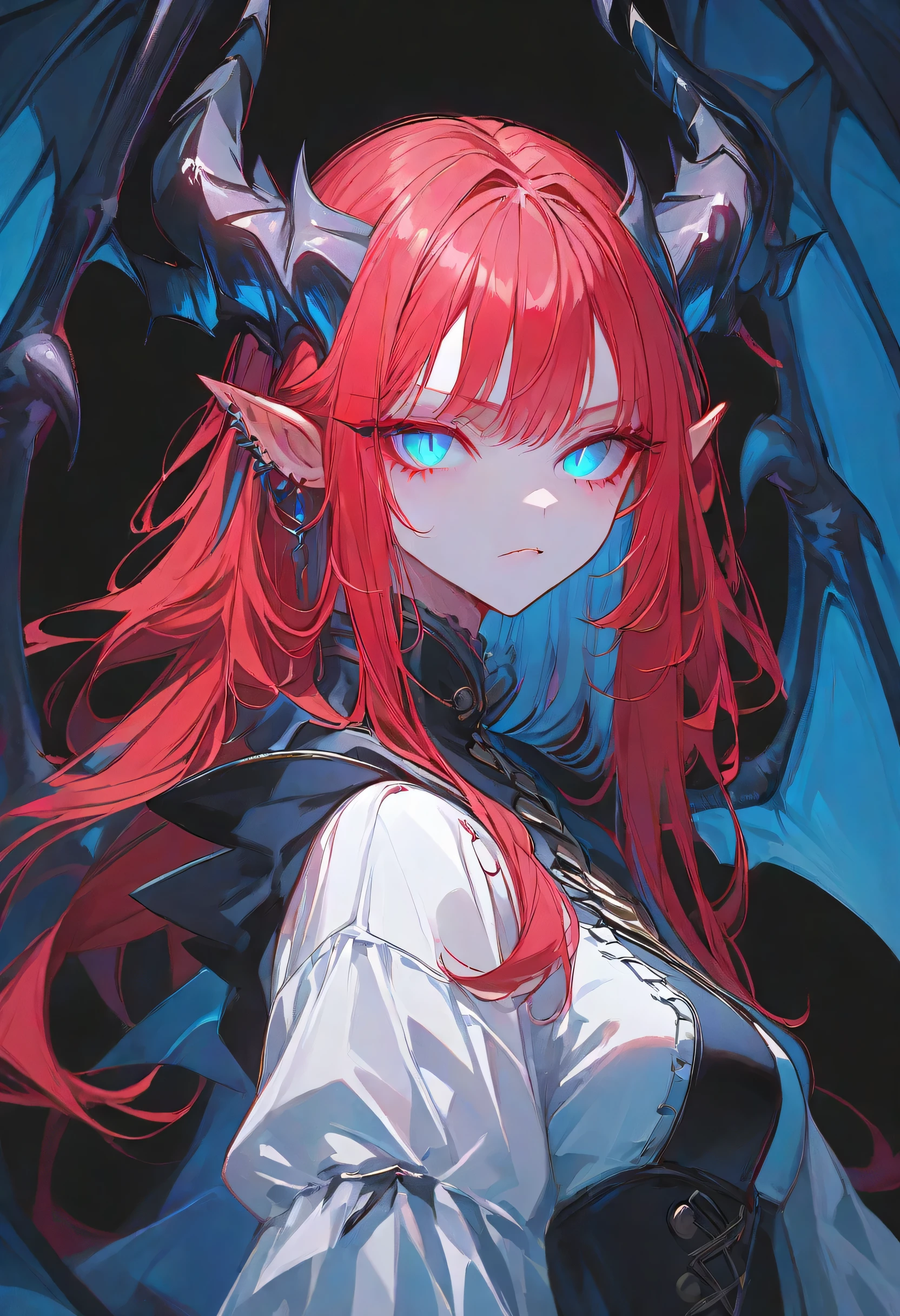 dungeon Girl,midnight,Negative,red hair,Blue pupil,long hair, black background,dragon wings, pointy ears,dragon tails,dragon horns,