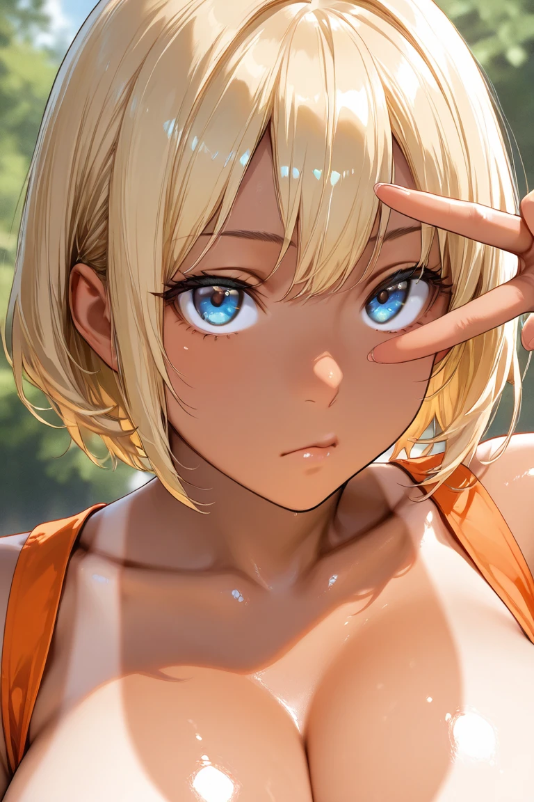 android 18, ( upper body closeup photo ), ( bokeh effect ), (cowboy shot), very seductive, seductively pose, smiling, cute, very cute, ultra high definition, work of art, Ultra-high quality, ultra detailing, 8k, in a bikini, white bikini, humida, Off The Shoulder, humida white bikini