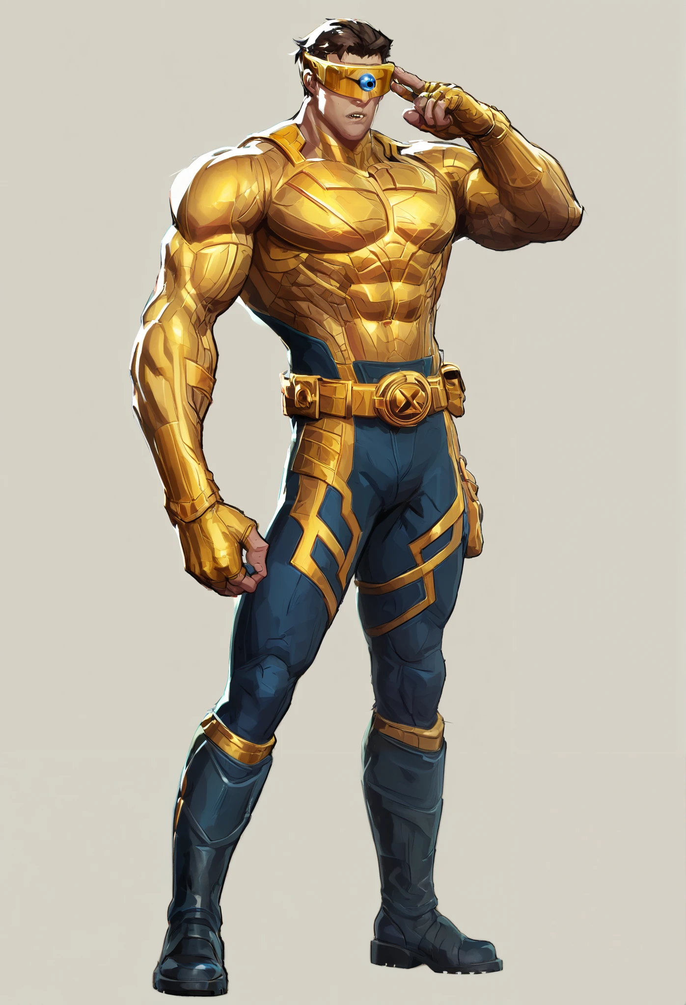 Cyclops, a prominent member of the X-Men, is recognized for his distinctive appearance and sleek costume. Here's a detailed analysis that includes colors:
### **Appearance**
- **Physique:** Cyclops possesses a lean, muscular build that emphasizes his athleticism and leadership qualities.
- **Hair:** He has short, brown hair styled neatly, complementing his composed and disciplined demeanor.
- **Visor:** His iconic gold visor with red accents serves as both a protective device and a control mechanism for his powerful optic blasts, making it an essential feature of his look.
### **Classic Costume Design**
1. **Color Scheme:**
- **Base:** The bodysuit is predominantly dark blue.
- **Accents:** Gold elements are strategically placed for contrast and visual appeal.
- **Red:** Subtle red detailing on his visor adds vibrancy and ties into his optic blast abilities.
2. **Key Features:**
- **Bodysuit:** A sleek, form-fitting dark blue suit that covers his entire body, emphasizing agility and strength.
- **Chest Strap:** A gold strap diagonally across his chest, featuring a circular emblem with a red "X" symbol, reflecting his allegiance to the X-Men.
- **Utility Belt:** A gold belt with practical pouches, blending functionality with style.
- **Gloves and Boots:** Gold gloves and boots with clean lines, maintaining uniformity in the design.
- **Thigh and Arm Bands:** Gold bands around his thighs and biceps, adding a structured look to the suit.
### **Personality Reflected in Costume**
Cyclops' costume mirrors his character traits as a disciplined and strategic leader. The structured design and bold colors represent his strength, focus, and unwavering commitment to the X-Men's mission.