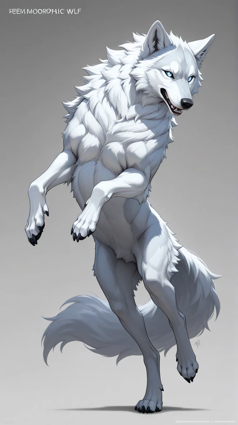 furry white wolf on his back squat long fluffy tail blue eyes blue background