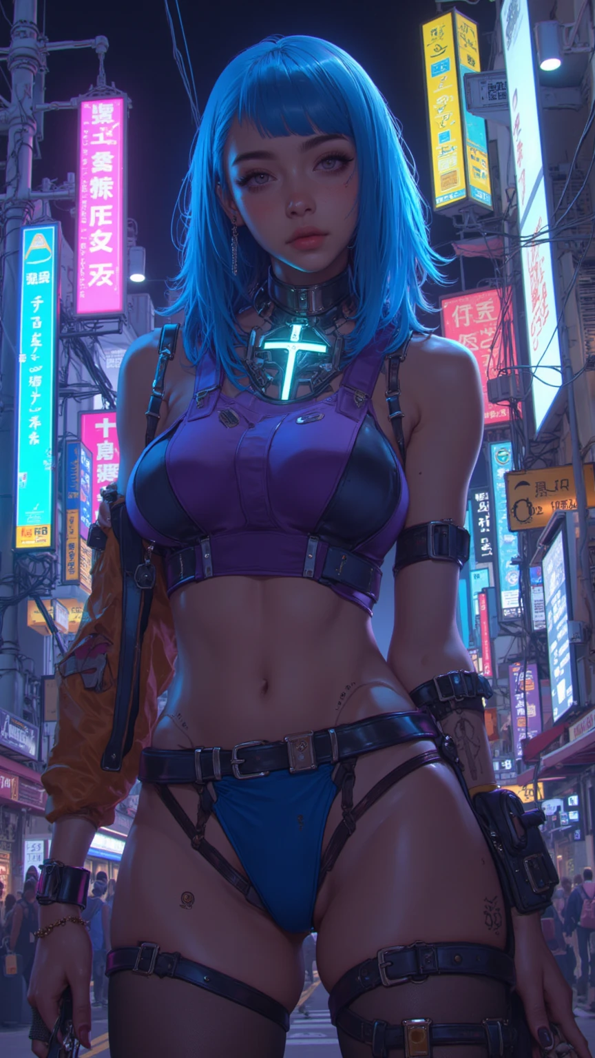 (photorealistic:1.8, highest quality:1.8,8K masterpiece:1.8,High resolution,muste piece:1.8,RAW Photos,cinematic lighting),No split screen, cyber punk、Back alley of the city at night、rain-soaked ground、vapor、 (1 android girl:1.3)、Completely naked、full body tattoo、choker、beautiful breasts、denim shorts、beautiful butt,beautiful thighs,plump nipples、Nipples are visible through the costume,cameltoe,Body painting with a pop design drawn all over the body、pop art design、cutting edge fashion、conceptual art、 (Beautiful shining purple blue white gray gold hair:1.5)、Stoic