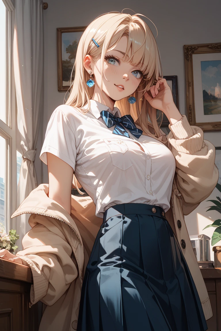 Character Focus、From above(school uniform:1.3), (Plain beige clothing around the waist:1.5), (West knot:1.3), (white collared-shirt:1.4), ((white collar, Unbutton, Short sleeve):1.2), (Red Plaid Pleated Skirt:1.3), ((necklace, Colorful Bracelets, ×Hair accessories):1.2),
Very detailed、(8k, RAW Photos, highest quality, masterpiece:1.2), (extremely detailed 8k wallpaper),shape、Professional Lighting,Sharp focus, Written boundary depth、
Browsing Caution、Clear Eyes、Perfect Anatomy、With a girl、15-year-old student、Black Gal(Dark Skin:1.2)、(Oily skin,Glowing Skin,Shiny skin,Sweat:1.2),smile、Plump thighs、Huge 、Fully exposed、Big Breasts,(gap between buttons:1.4)、Lift up your skirt、blue eyes、blonde、(Compensate:1.1)、(Black High Socks 1.6)、:1.6、Brown Loafers、sitting、((open legs:1.5))，On the street、Pastel colored pantiesが見えている、((Pastel colored panties))、((Shiny panties))、((Normal position:1.4))、(((Squatting pose)))，((I was made to sit with my legs open...))、cowgirl position, squatting, spread legs、, blazer,