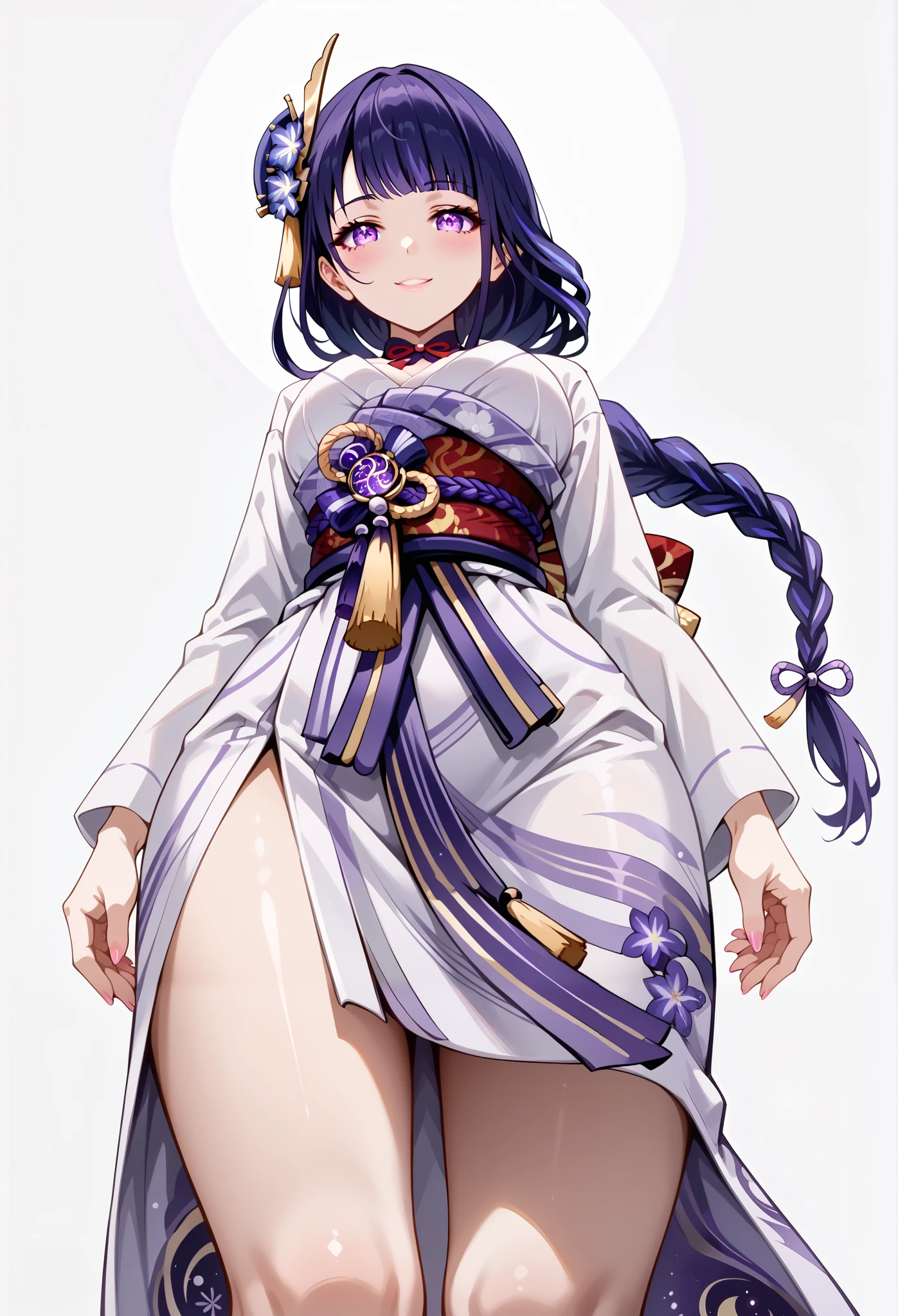score_9, score_8_up, score_7_up, source_anime, 4K,perfect fingers,(perfect hands, perfect anatomy),prefect lighting, very aesthetic, intricate details,highly detailed background, masterpiece, high quality, best quality,
raidenshogun, raiden shogun, braid, braided ponytail, hair flower, hair ornament, long hair, mole, mole under eye, purple eyes, purple flower, purple hair, single braid, large breasts,,
wearing ((short yukata, )),,
((White plain background:1.5)) , looking at viewer, smile, (perfect hands, perfect anatomy),cowboy shot, filed, high thigh individual , fullbody,Stand up,((front look:1.5)), ((Low Angle View:1.5)),